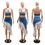 Women Fashion Contrast Jeans Backless Irregular Print Top And Dress Two Piece Set