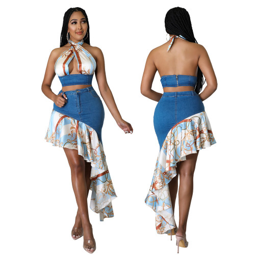 Women Fashion Contrast Jeans Backless Irregular Print Top And Dress Two Piece Set
