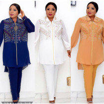 Conjunto de 3 piezas de top y pantalón con cremallera y diamantes de imitación para mujer de talla grande