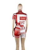 Women Fashion Cashew Flower Totem Print Zipper Top And Shorts Two-Piece Set