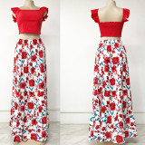 Summer Women Top And Flower Print Colorblock Dress Two Piece Set