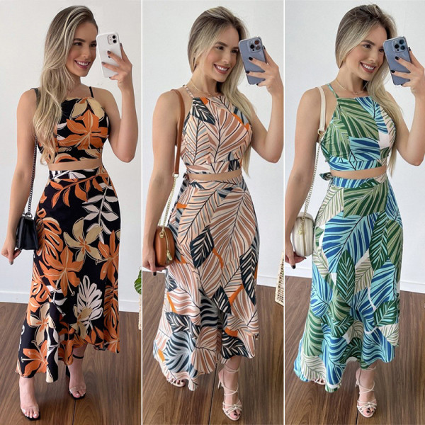 Summer Casual Outfit Print Crop Top And High Waist Skirt Two Piece