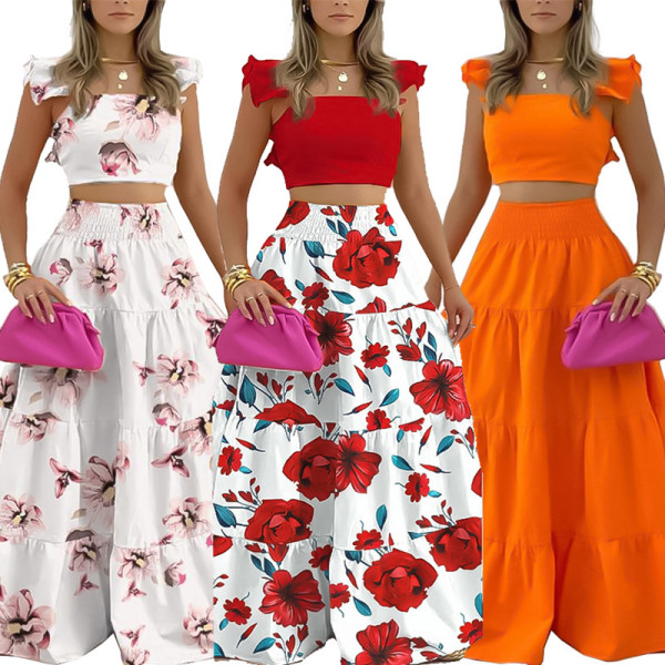 Set da due pezzi con top estivo da donna e stampa floreale a blocchi di colore