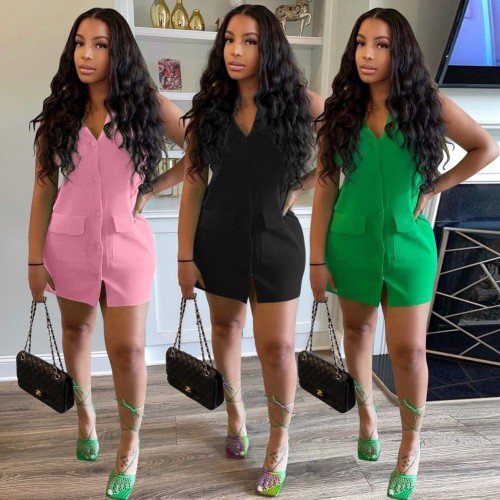 Women Breasted Solid With Pocket Mini Dress