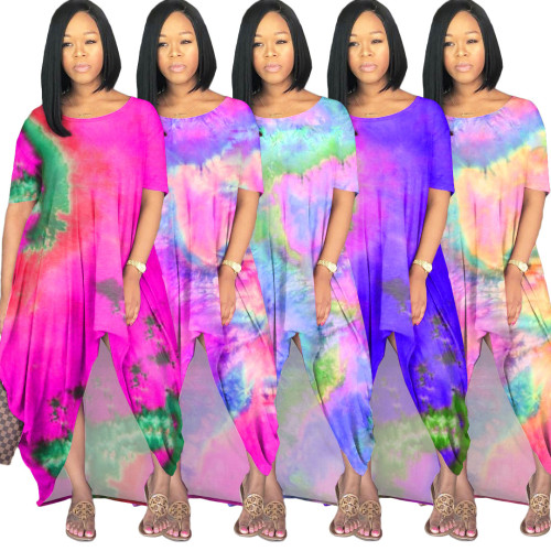 Kadın Batik Gevşek Yuvarlak Yaka Kısa Kollu Uzun Elbise