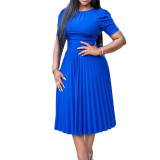 Summer Plus Size Short-Sleeved Pleated Solid  Dress