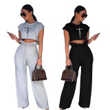 Women Summer Print Solid Sleeveless Top And Pant Two Piece Set
