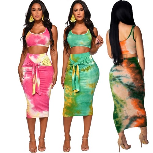 Women Summer Tie Dyed Print Crop Top And Bodycon Dress Two Piece Set