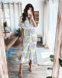Women Summer Print Short Sleeve Long Dress
