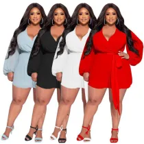 Plus Size Women Solid Chiffon Long Sleeve With Belt Romper