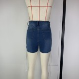 Women Summer Blue Straight High Waist Zipper Fly Solid Lace Up Short Regular Jeans Shorts