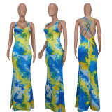 Women Summer Printed Modest Strap Sleeveless Tie Dye Maxi Dress