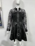 Spring Black Lace Patchwork Zip Up Vintage Skater Dress