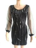 Women Spring Black Romantic V-neck Long Sleeve Print Lace Mini Dress