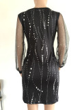 Women Spring Black Romantic V-neck Long Sleeve Print Lace Mini Dress