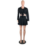Autumn Casual Black Knotted Blouse and Pleated Skirt Set