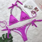 Sexy bikini plain color female split strap luxury diamond swimsuit metal chain accessories swimsuit
