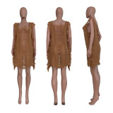 Women's Knit Cutout Sleeveless Fringe Beach Dress