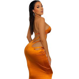 Women's Fashion Sexy Hollow Outfit Halter Solid Color Long Dress