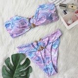 Sexy Bikini Solid Color Tube Top High Waist Swimsuit Metal Accessories Women Swimwear