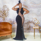 Women Sexy Sleeveless Combination Rhinestone Perspective Evening Dress