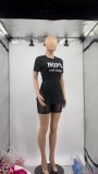 Women Summer Letter Print Slit T-Shirt And Mesh Shorts Two-Piece Set