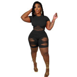 Women Solid Hole Ripped Top And Shorts Sexy Two Piece Set