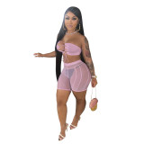 Women Summer Sexy Lace-Up Top And Mesh Perspective Shorts Casual Two Piece Set