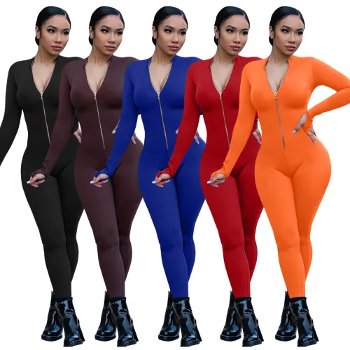 Women Zip Stretch One Piece Fitness Jumpsuit