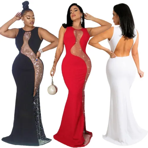 Women Sexy Sleeveless Combination Rhinestone Perspective Evening Dress