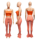 Women Striped Print Tube Top And Ruffle Pant Sexy Outfit Twop Piece Set
