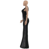 Women Sexy Sleeveless Combination Rhinestone Perspective Evening Dress