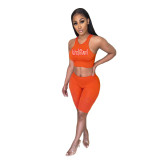 Women Solid Letter Vest And Shorts Two Piece Set