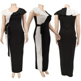 Plus Size Women Solid Contrast Lotus Leaf Shoulder Maxi Dress