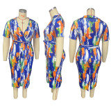 Plus Size Women Summer Printed With Belt Slit Bodycon Dress