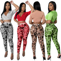 Women Fashion Sexy Solid Top And Print Pant Two Piece