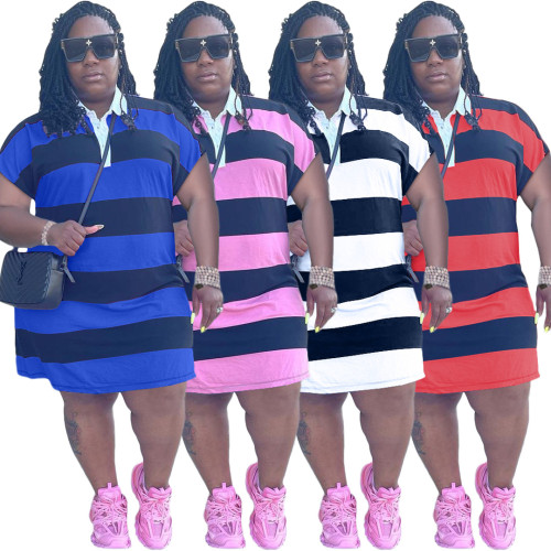 Plus Size Women Fashion Casual Stripe Shortsleeve Dress