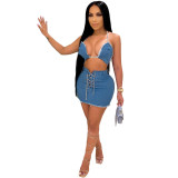 Women Sexy High Elastic Denim Tie Rope Top And Mini Dress Two Piece Set