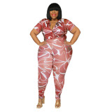 Plus Size Women Deep V Top And Pant Print Two Piece Set