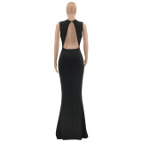 Women Sexy Sleeveless Combination Rhinestone Perspective Evening Dress