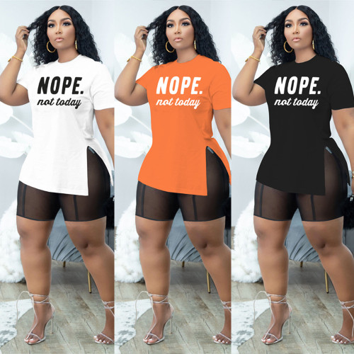 Women Summer Letter Print Slit T-Shirt And Mesh Shorts Two-Piece Set