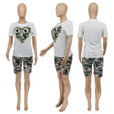 Women Casual Camouflage Summer Short Sleeve Top And Shorts Two Piece