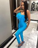 Women Fake Hair One Shoulder Tight Sexy Jumpsuit