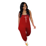 Women Letter Print With Pockets Casual Jumpsuit