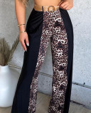 Women sexy leopared printed patchwork halter crop top and pants Two Piece Set