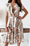 women's summer fashion print short sleeve v neck dress