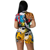 Women's Fashion Casual print zipper up short sleeve fitted playsuit