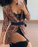 Women Leopard print long sleeve Jacket with belt
