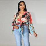 Fashionable and casual V-neck lace-up off shoulder loose printed top