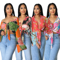 Fashionable and casual V-neck lace-up off shoulder loose printed top